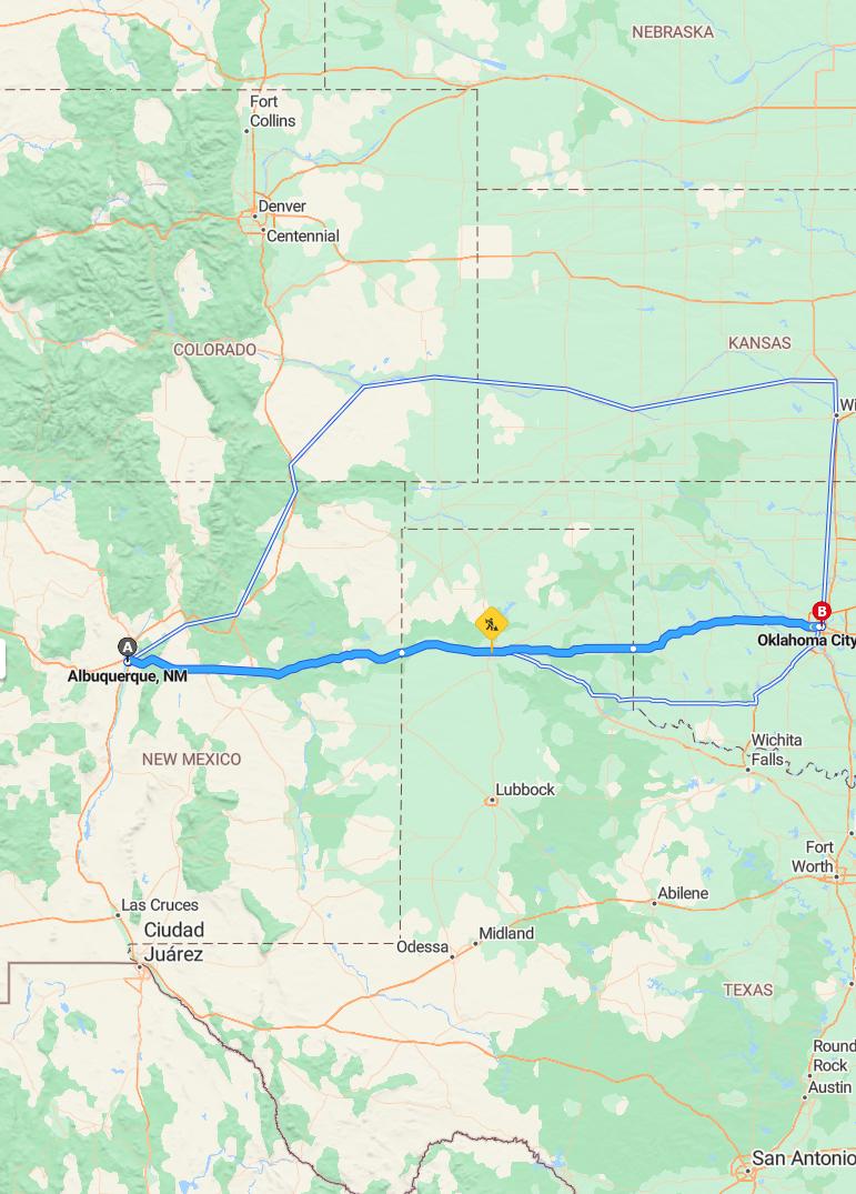 driving from Albuquerque, New Mexico to Oklahoma CityOklahoma - map and route