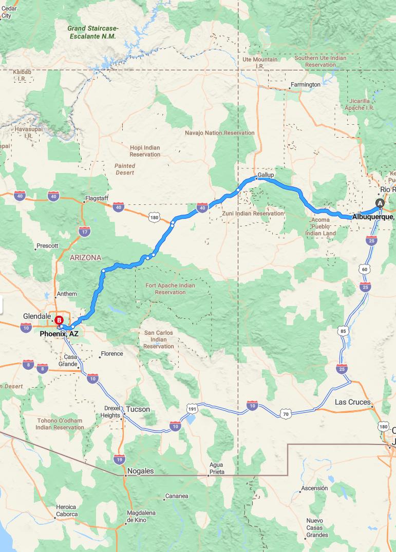 driving from Albuquerque, New Mexico to PhoenixArizona - map and route