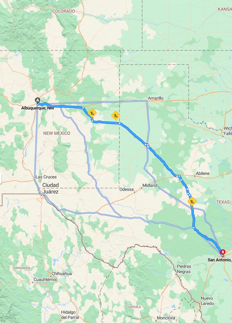 driving from Albuquerque, New Mexico to San AntonioTexas - map and route