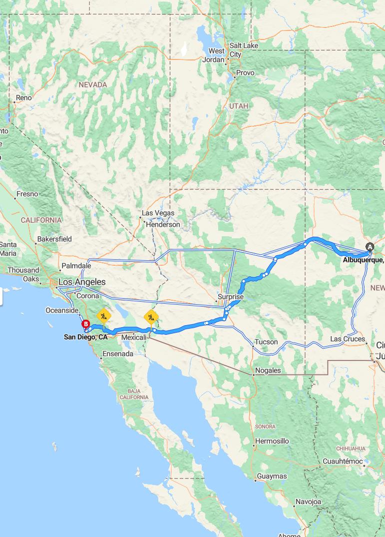 driving from Albuquerque, New Mexico to San DiegoCalifornia - map and route