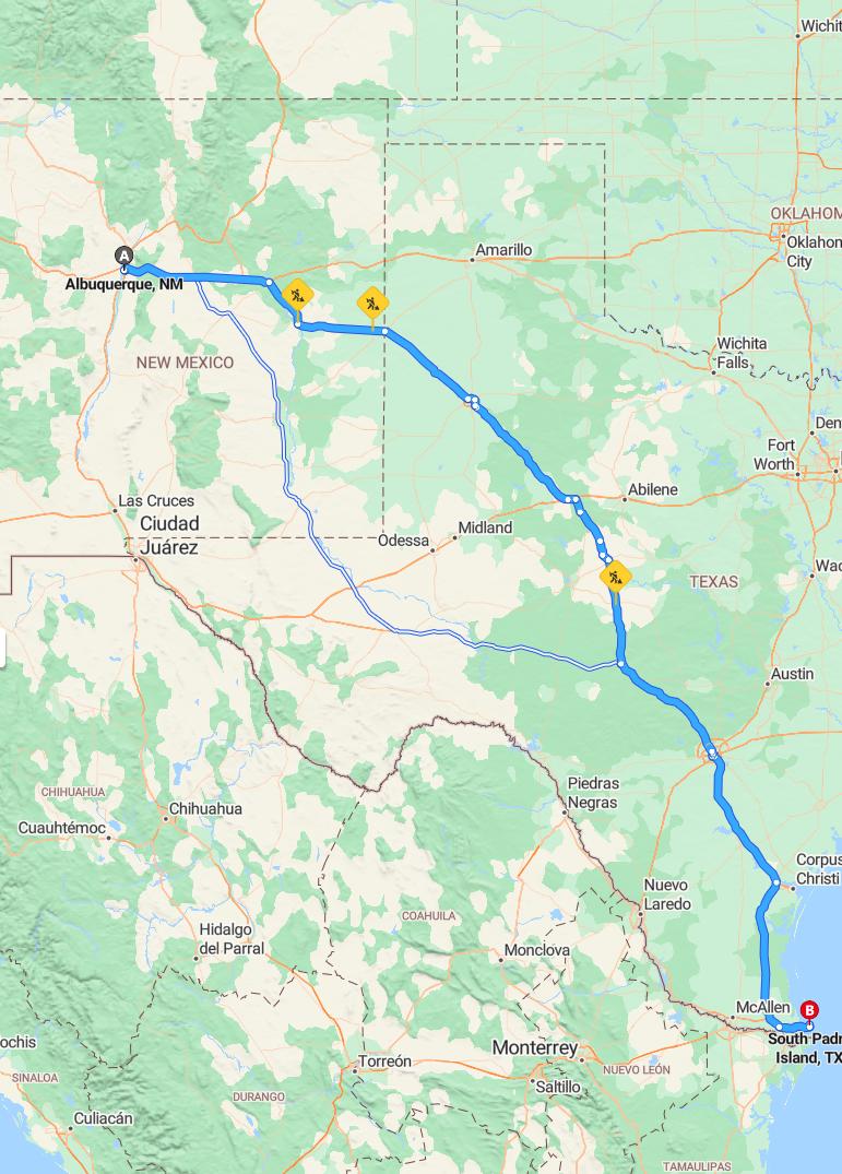 driving from Albuquerque, New Mexico to South Padre IslandTexas - map and route