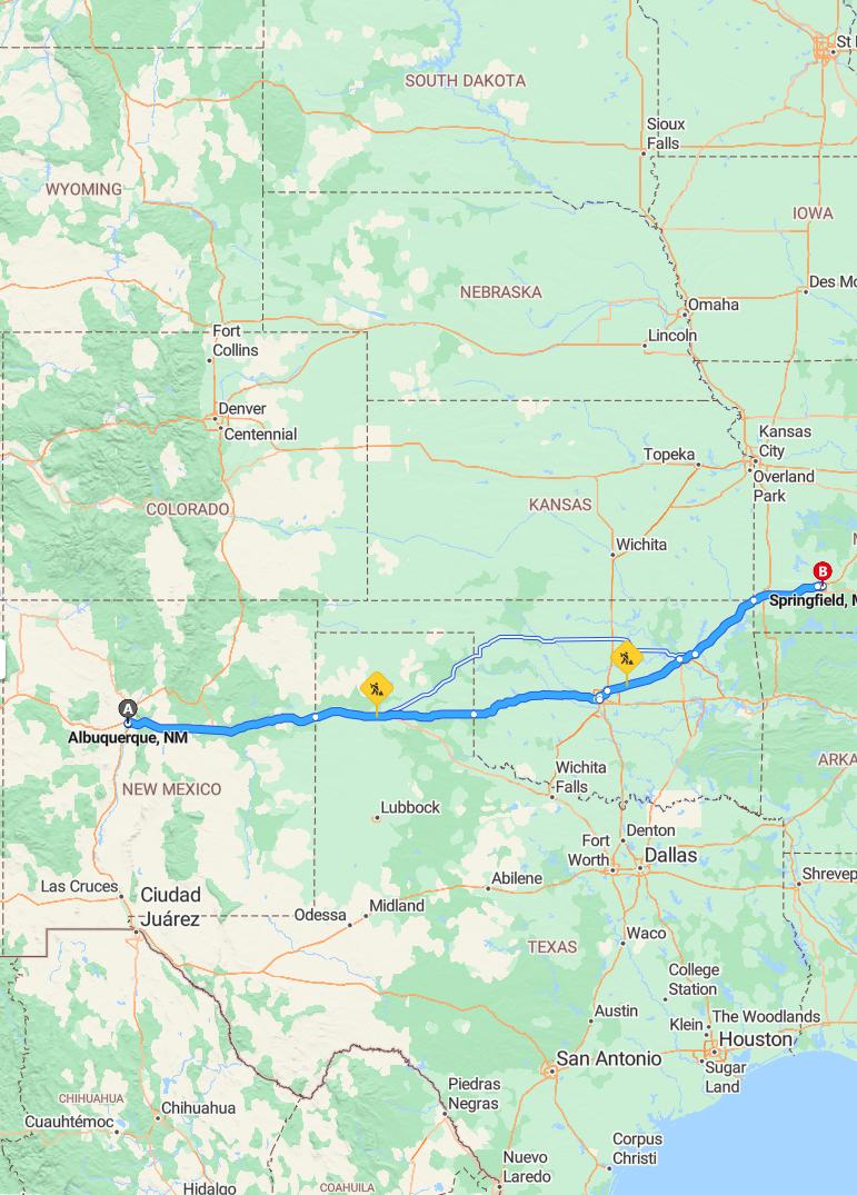 driving from Albuquerque, New Mexico to SpringfieldMissouri - map and route