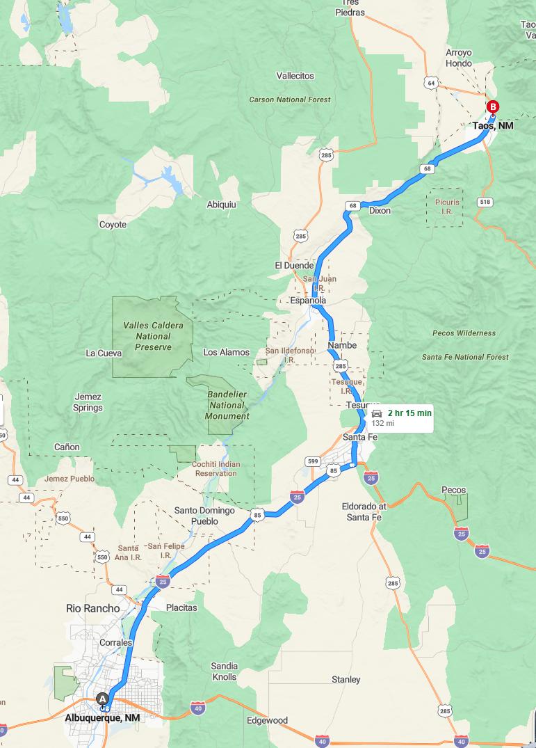 driving from Albuquerque, New Mexico to TaosNew Mexico - map and route