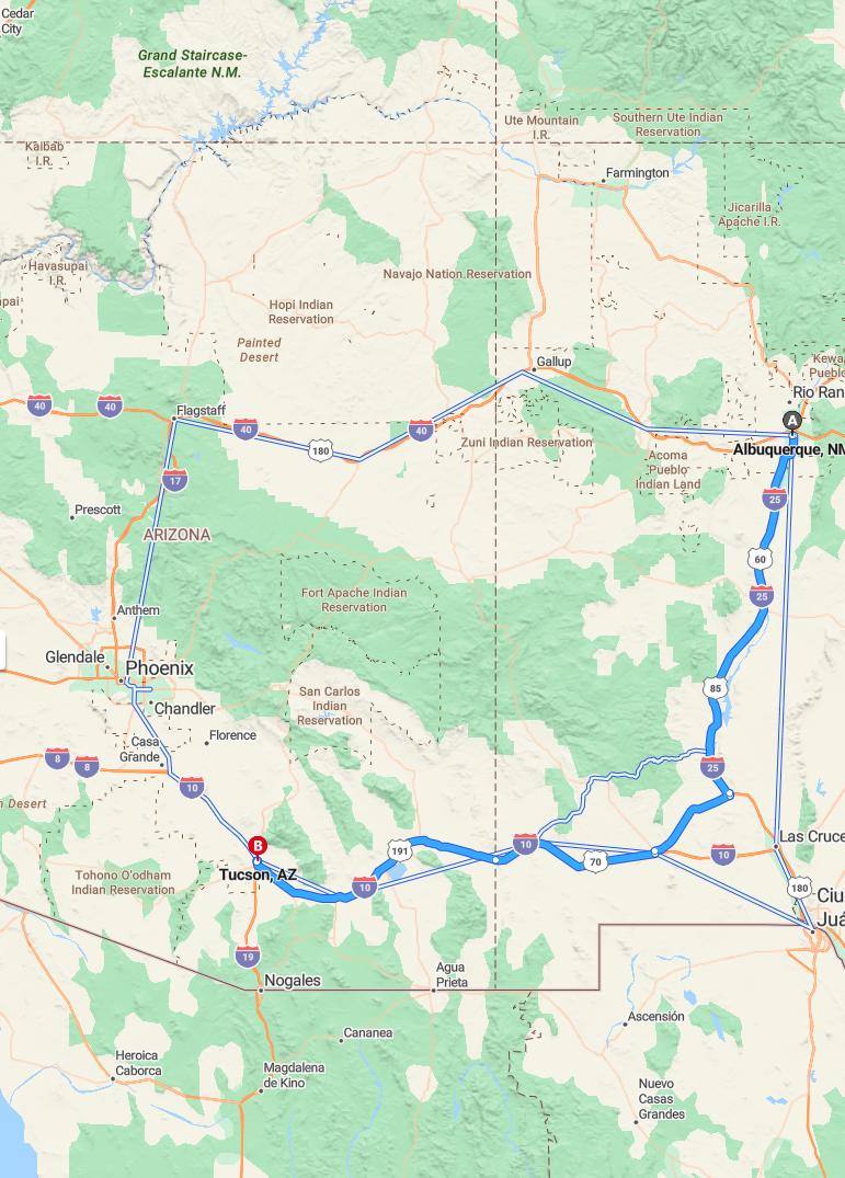 driving from Albuquerque, New Mexico to TucsonArizona - map and route