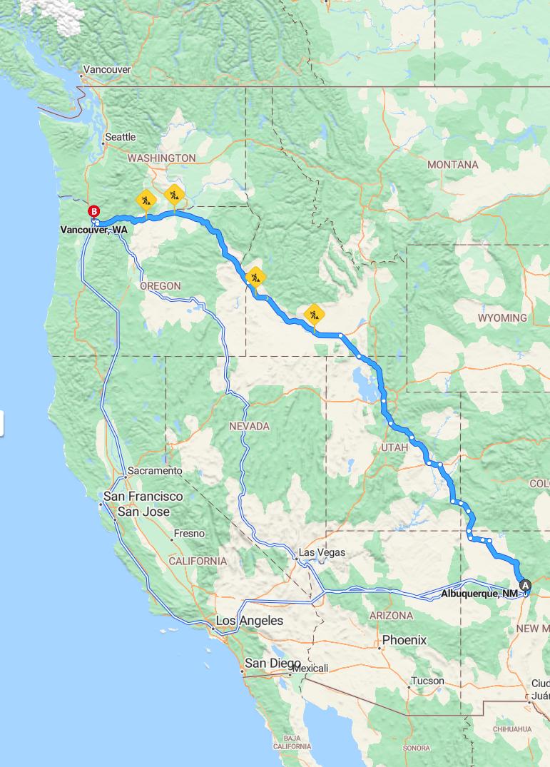 driving from Albuquerque, New Mexico to VancouverWashington - map and route