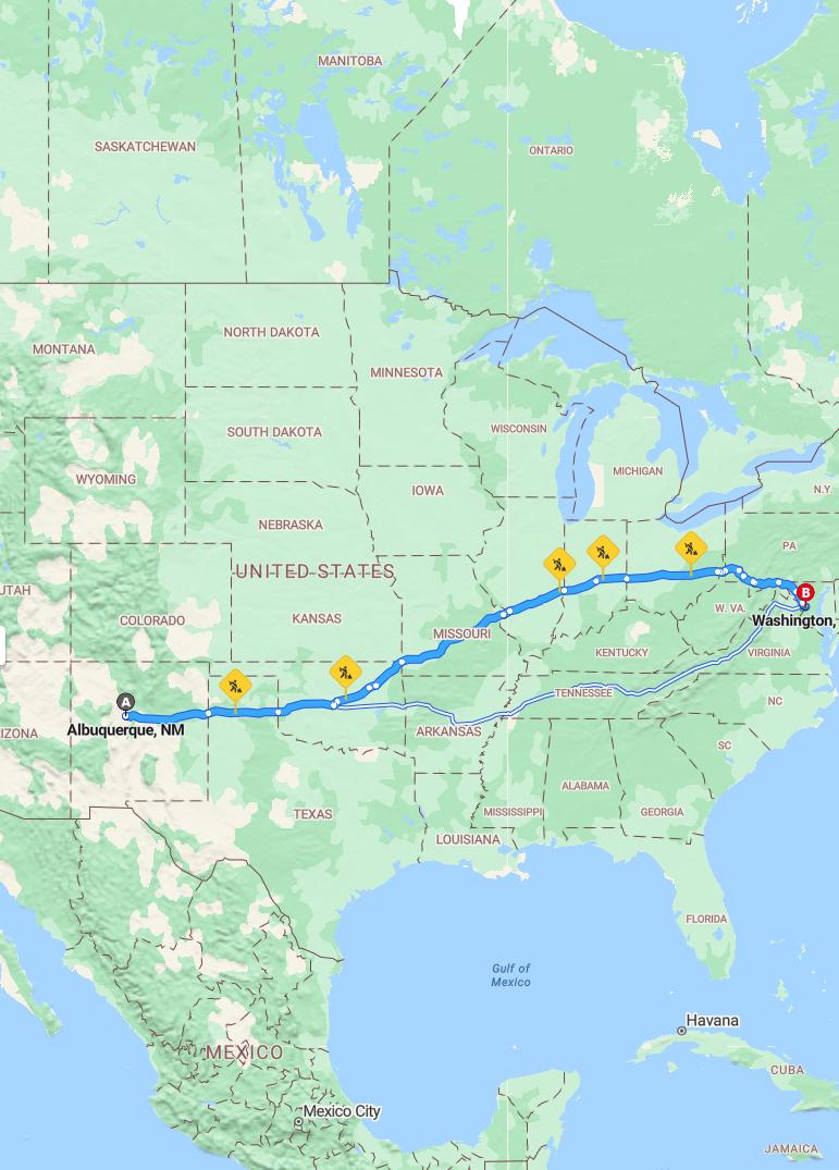 driving from Albuquerque, New Mexico to WashingtonDistrict of Columbia - map and route