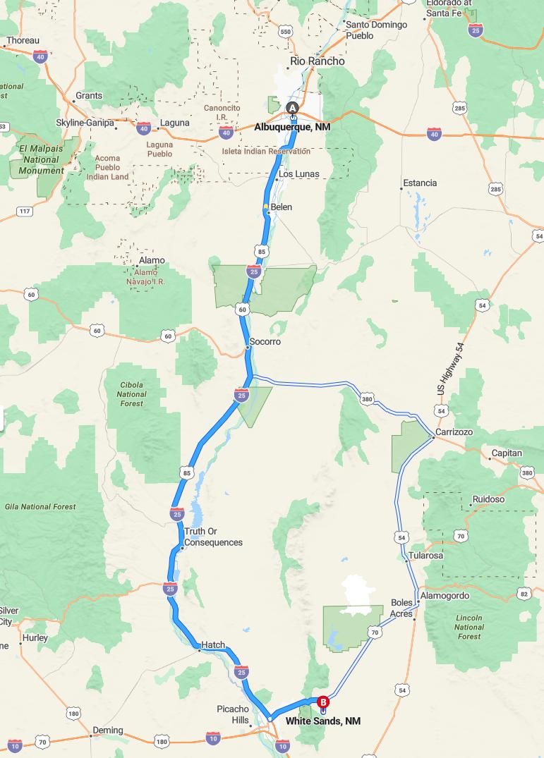 driving from Albuquerque, New Mexico to White SandsNew Mexico - map and route