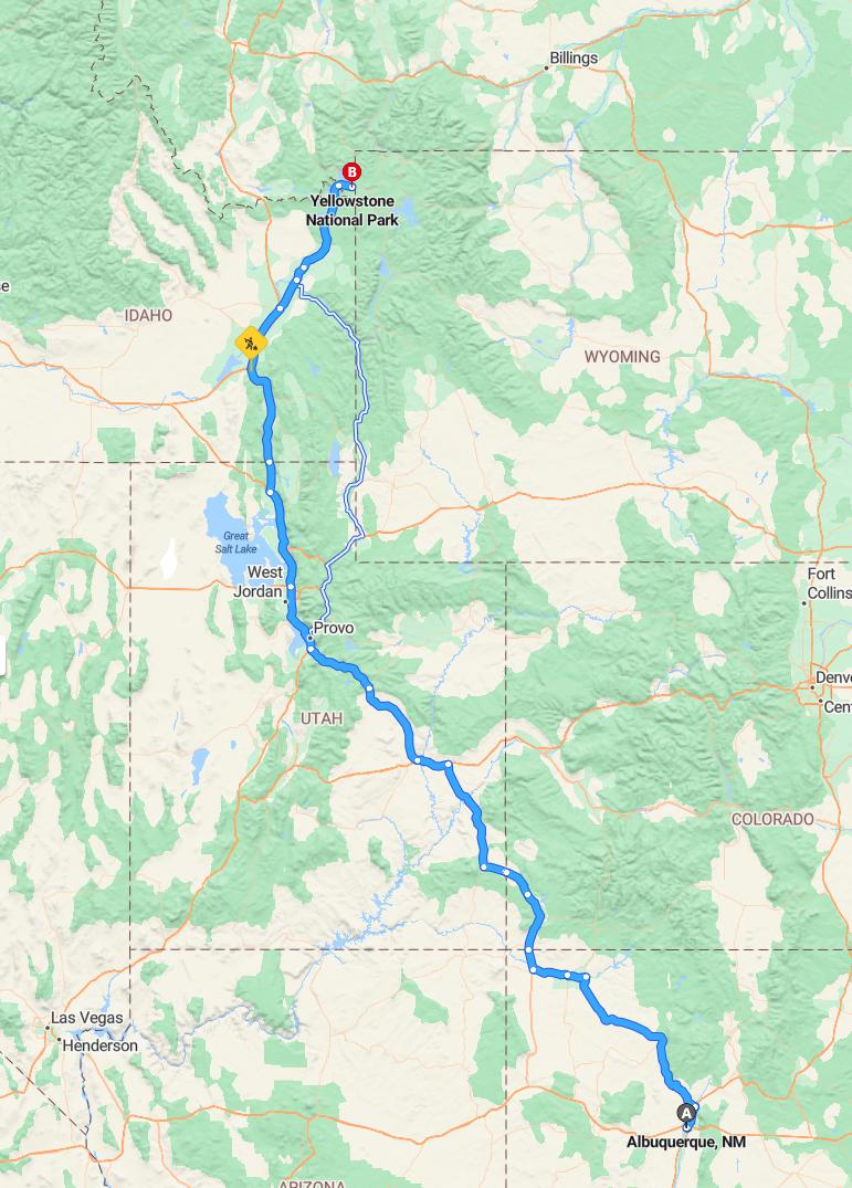 driving from Albuquerque, New Mexico to YellowstoneWyoming - map and route