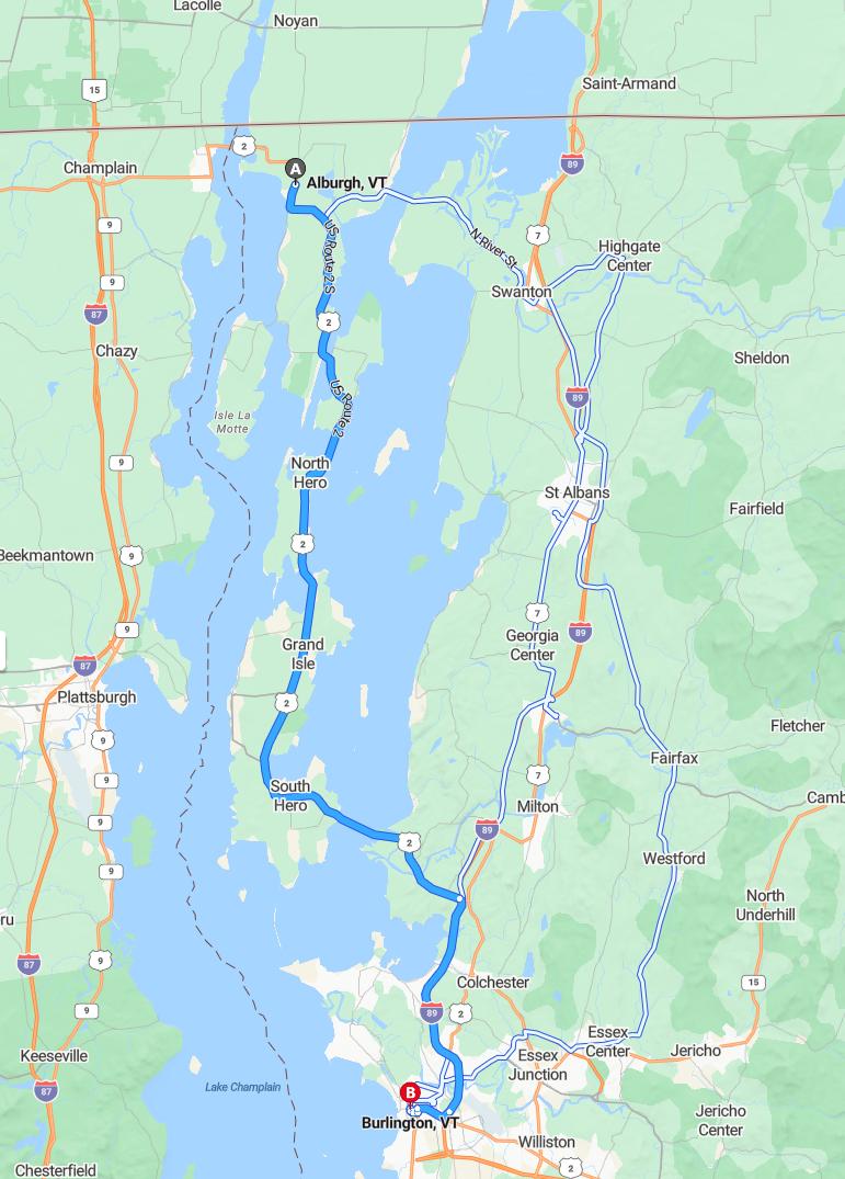 driving from Alburgh, Vermont to BurlingtonVermont - map and route