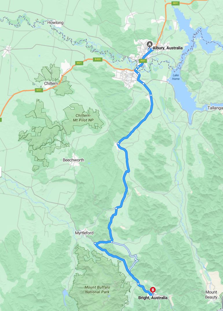 driving from Albury, New South Wales to BrightVictoria - map and route
