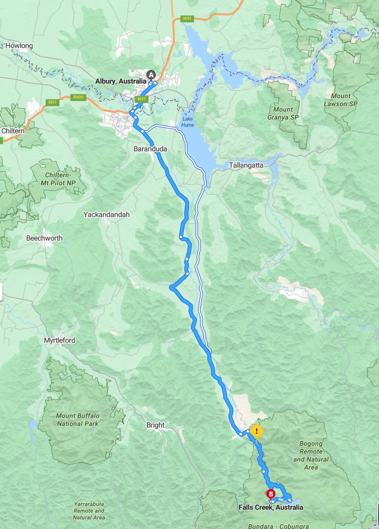 driving from Albury, New South Wales to Falls CreekVictoria - map and route