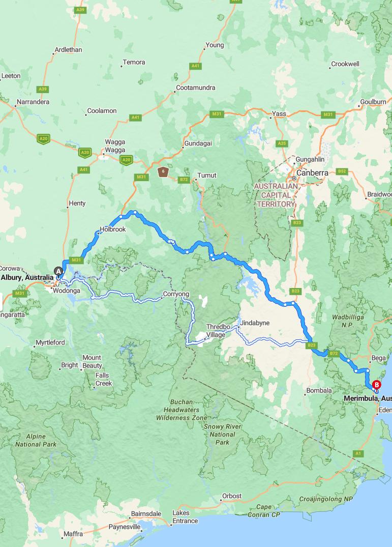 driving from Albury, New South Wales to MerimbulaNew South Wales - map and route