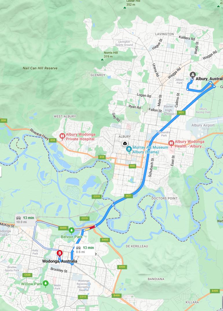 driving from Albury, New South Wales to WodongaVictoria - map and route