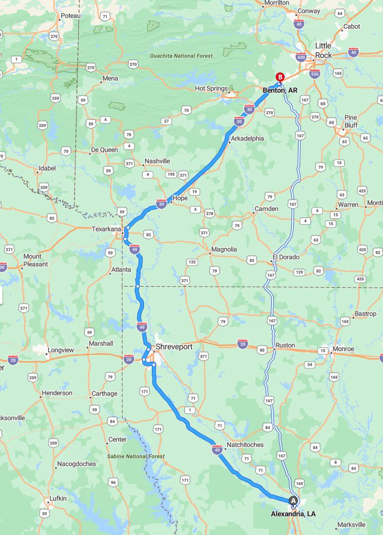 driving from Alexandria, Louisiana to BentonArkansas - map and route