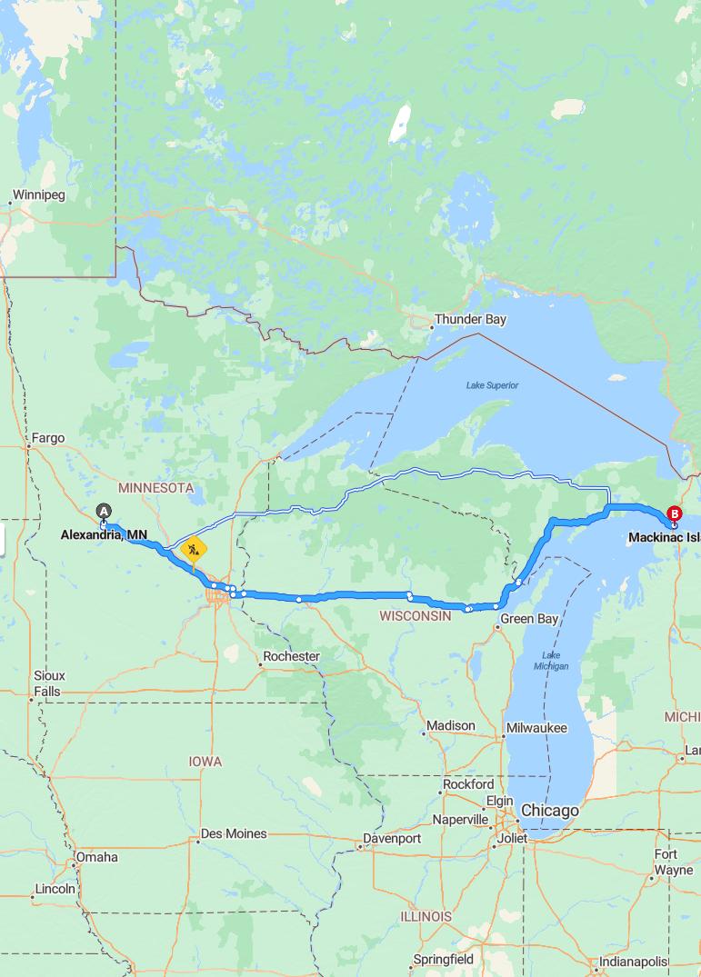 driving from Alexandria, Minnesota to MackinacMichigan - map and route