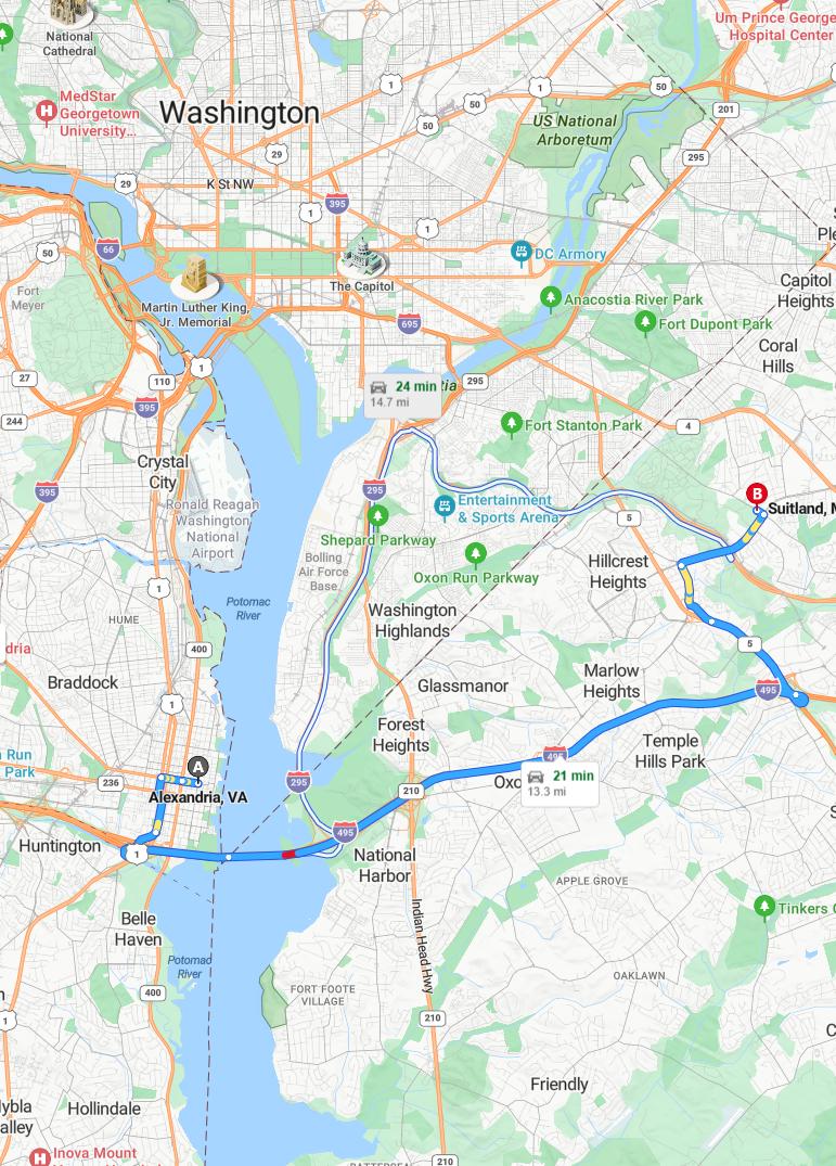 driving from Alexandria, Virginia to SuitlandMaryland - map and route