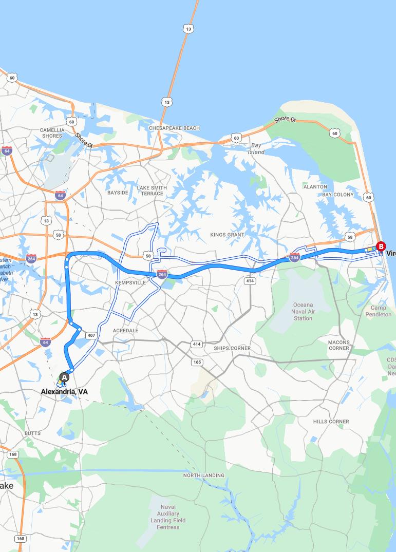 driving from Alexandria, Virginia to Virginia BeachVirginia - map and route