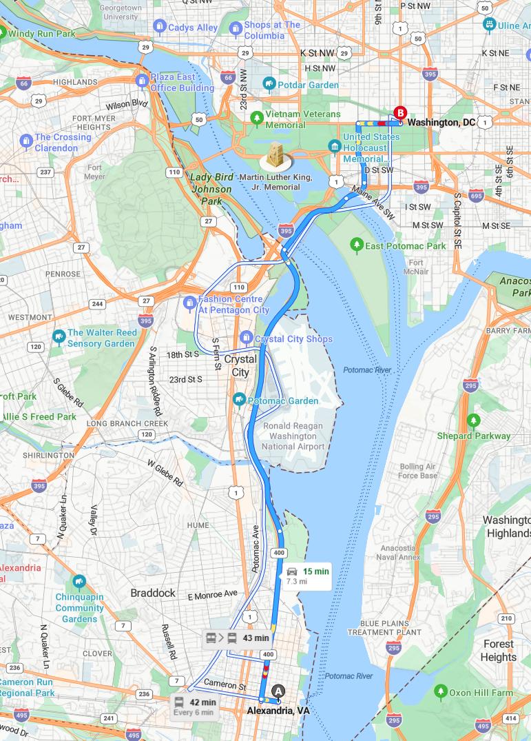 driving from Alexandria, Virginia to WashingtonDistrict of Columbia - map and route
