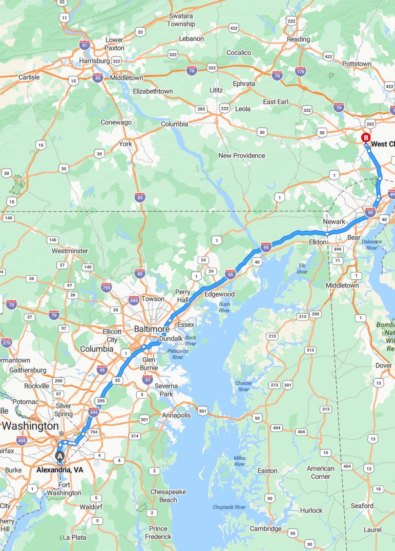 driving from Alexandria, Virginia to West ChesterPennsylvania - map and route