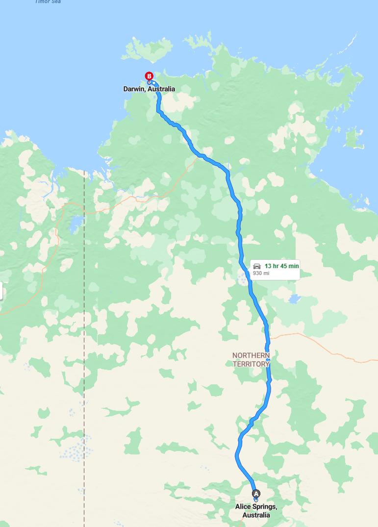 driving from Alice Springs, Northern Territory to DarwinNorthern Territory - map and route