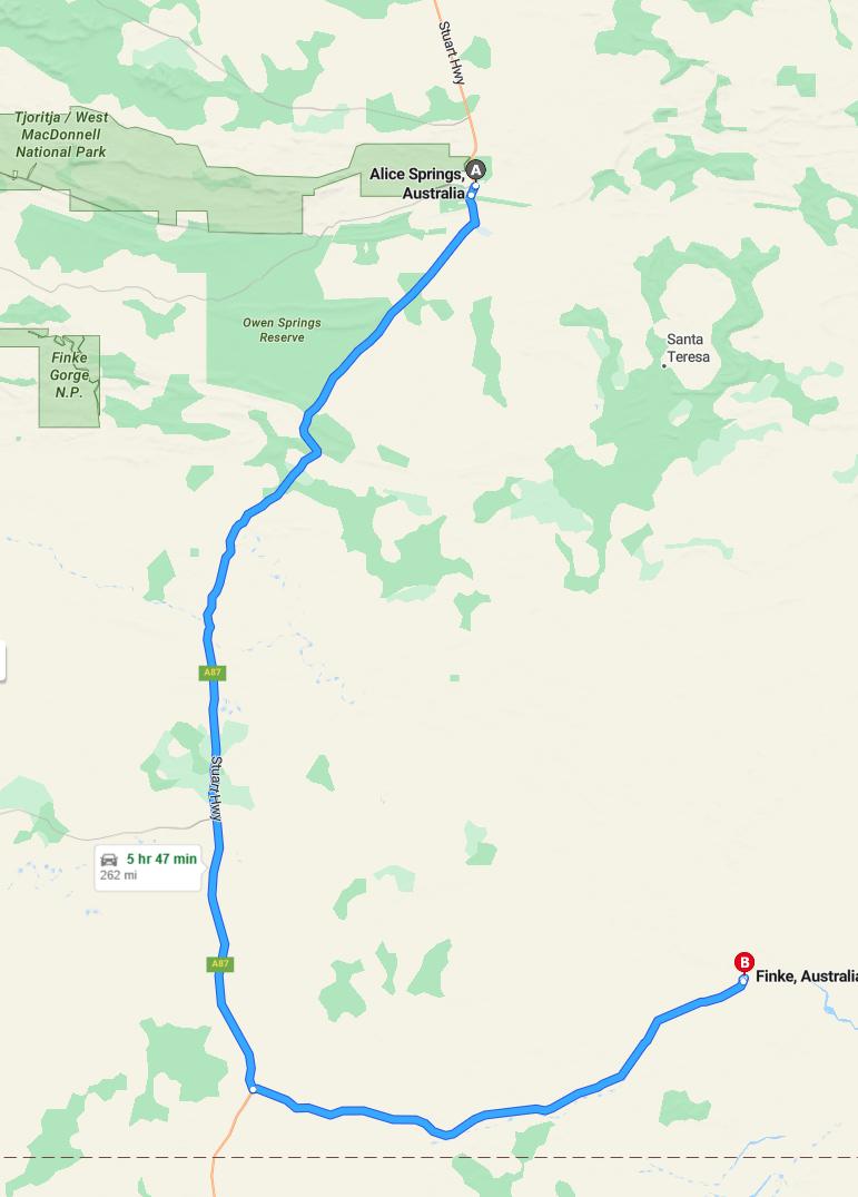driving from Alice Springs, Northern Territory to FinkeNorthern Territory - map and route