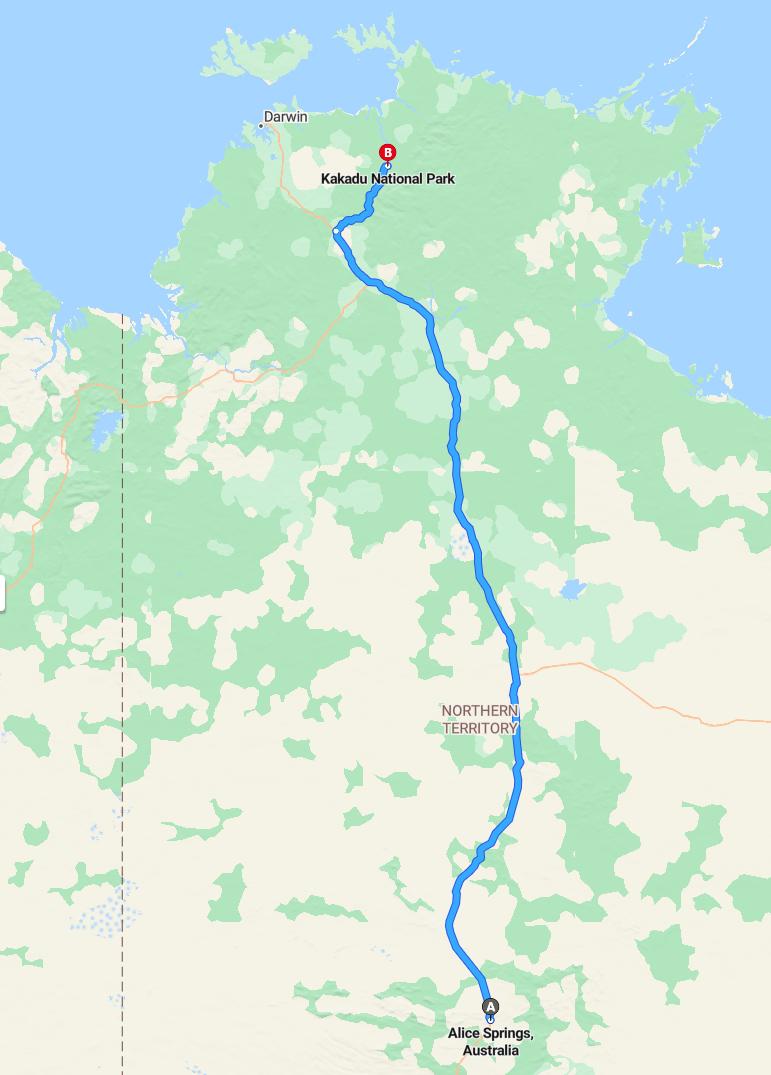 driving from Alice Springs, Northern Territory to KakaduNorthern Territory - map and route