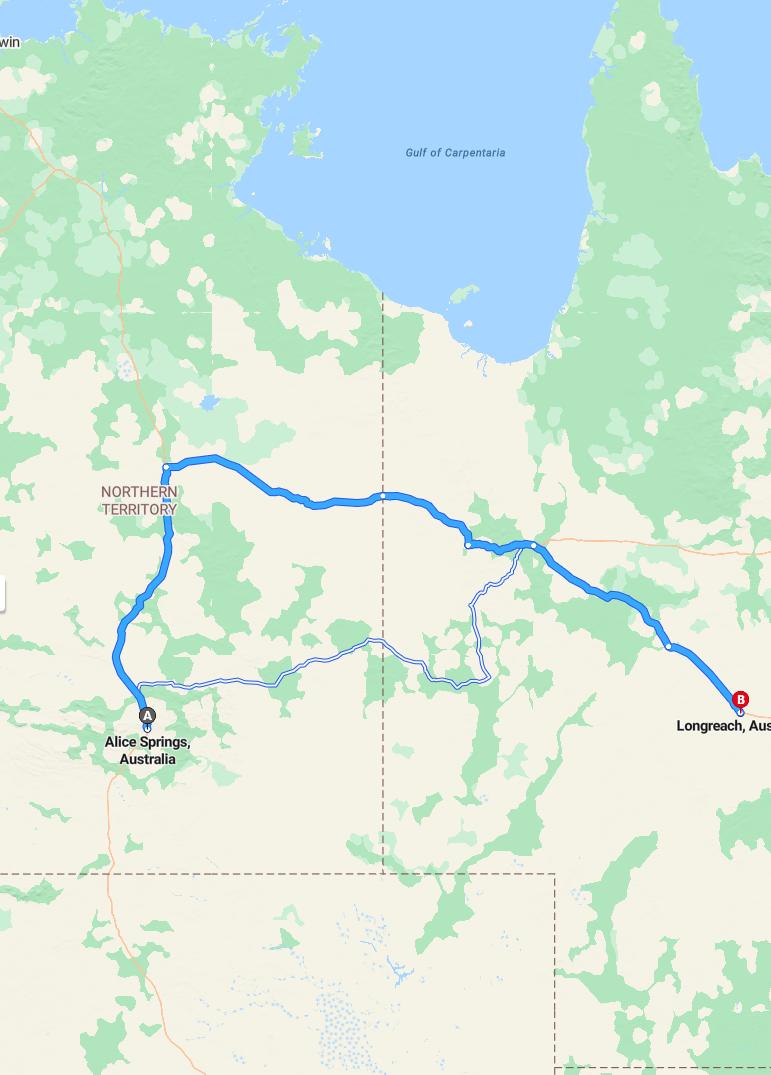 driving from Alice Springs, Northern Territory to LongreachQueensland - map and route