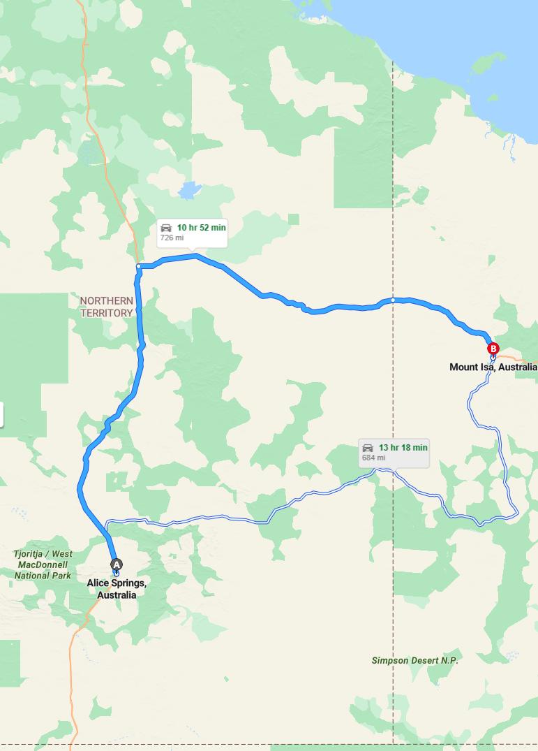 driving from Alice Springs, Northern Territory to Mount IsaQueensland - map and route