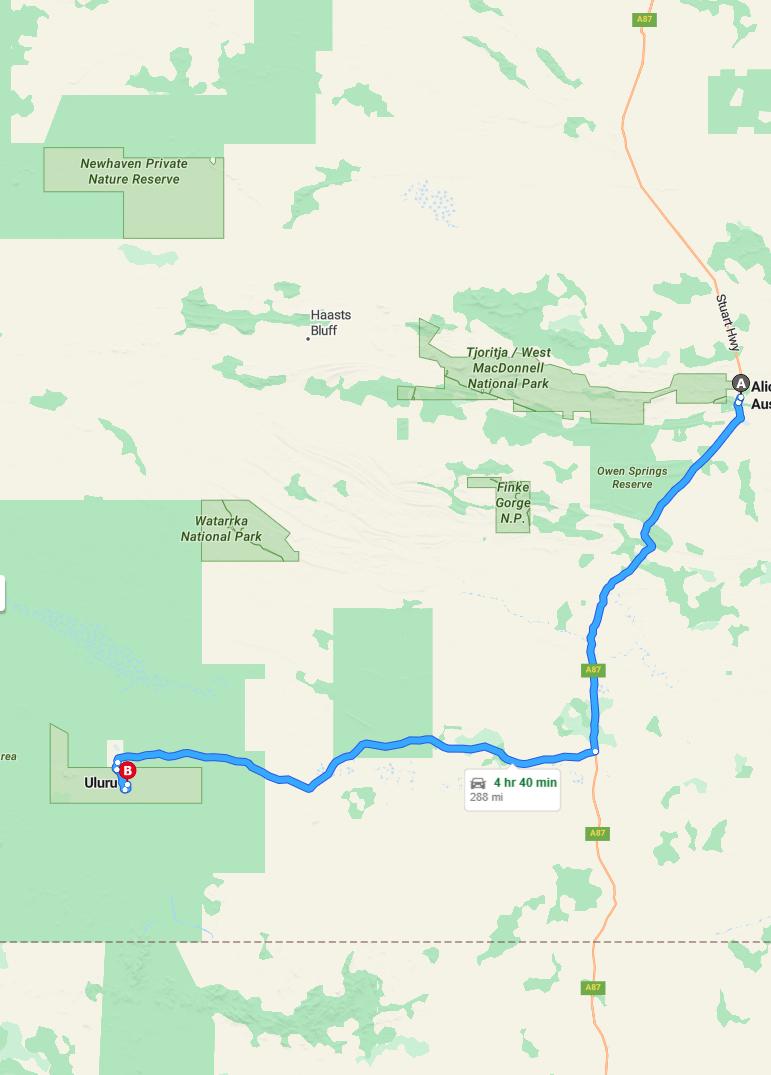 driving from Alice Springs, Northern Territory to UluruNorthern Territory - map and route