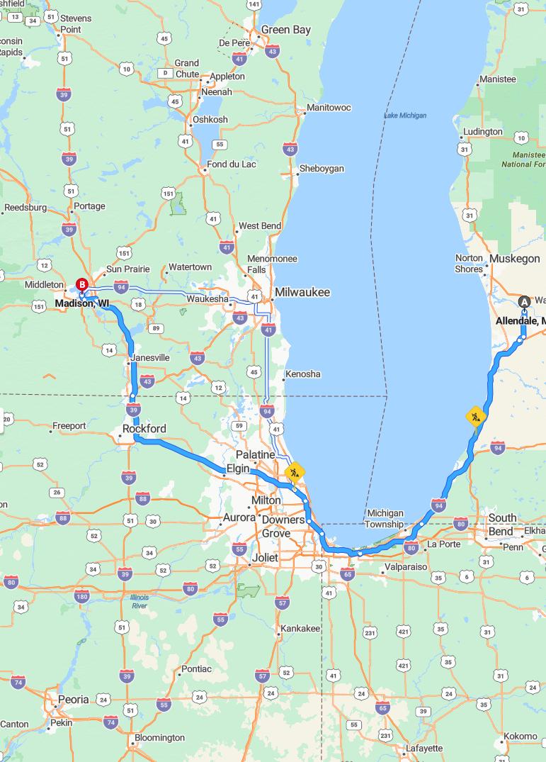 driving from Allendale, Michigan to MadisonWisconsin - map and route