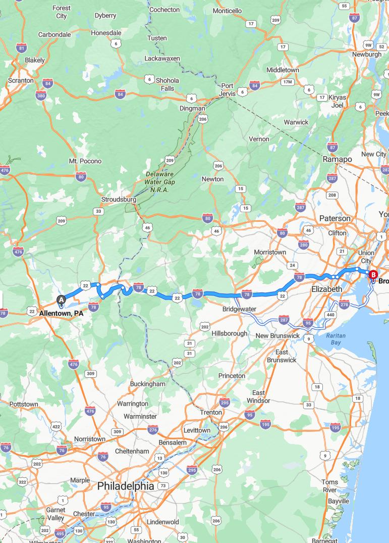 driving from Allentown, Pennsylvania to BrooklynNew York - map and route