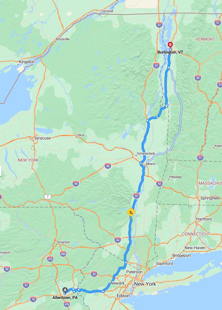 driving from Allentown, Pennsylvania to BurlingtonVermont - map and route