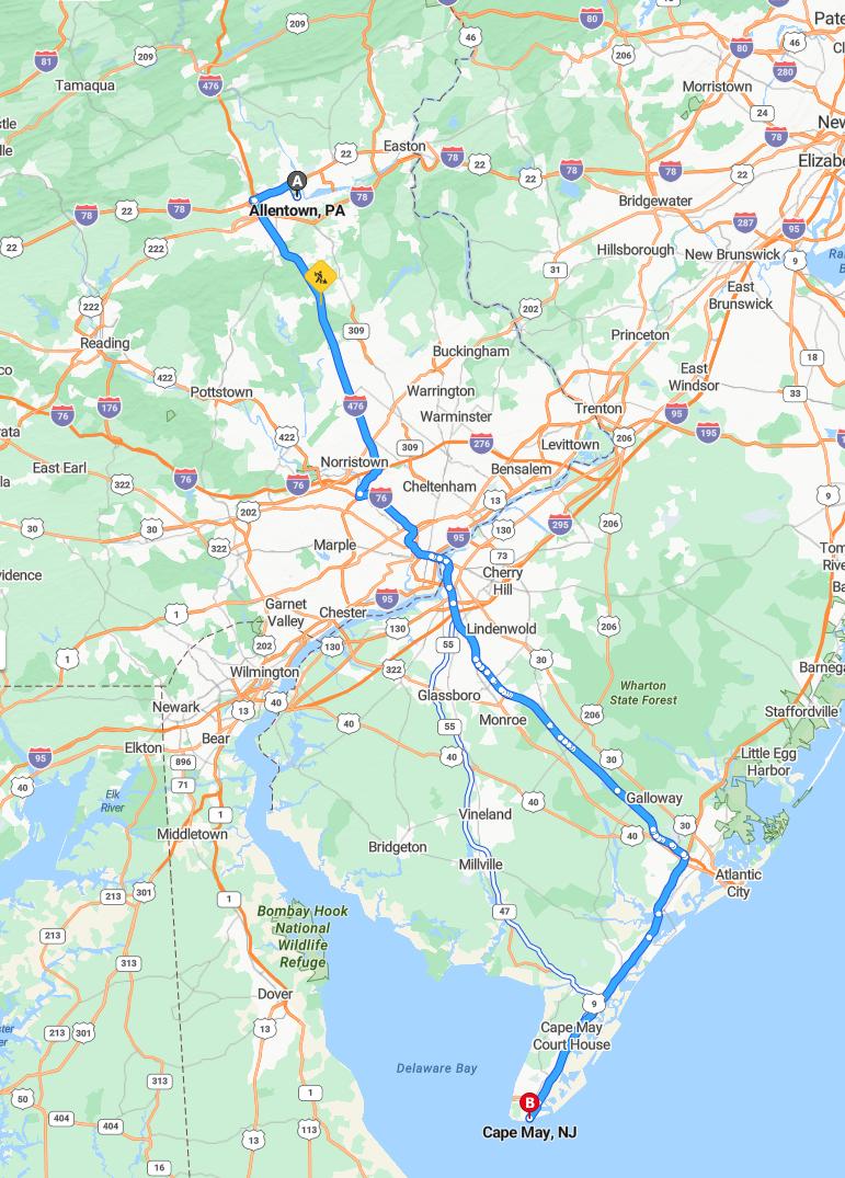 driving from Allentown, Pennsylvania to Cape MayNew Jersey - map and route
