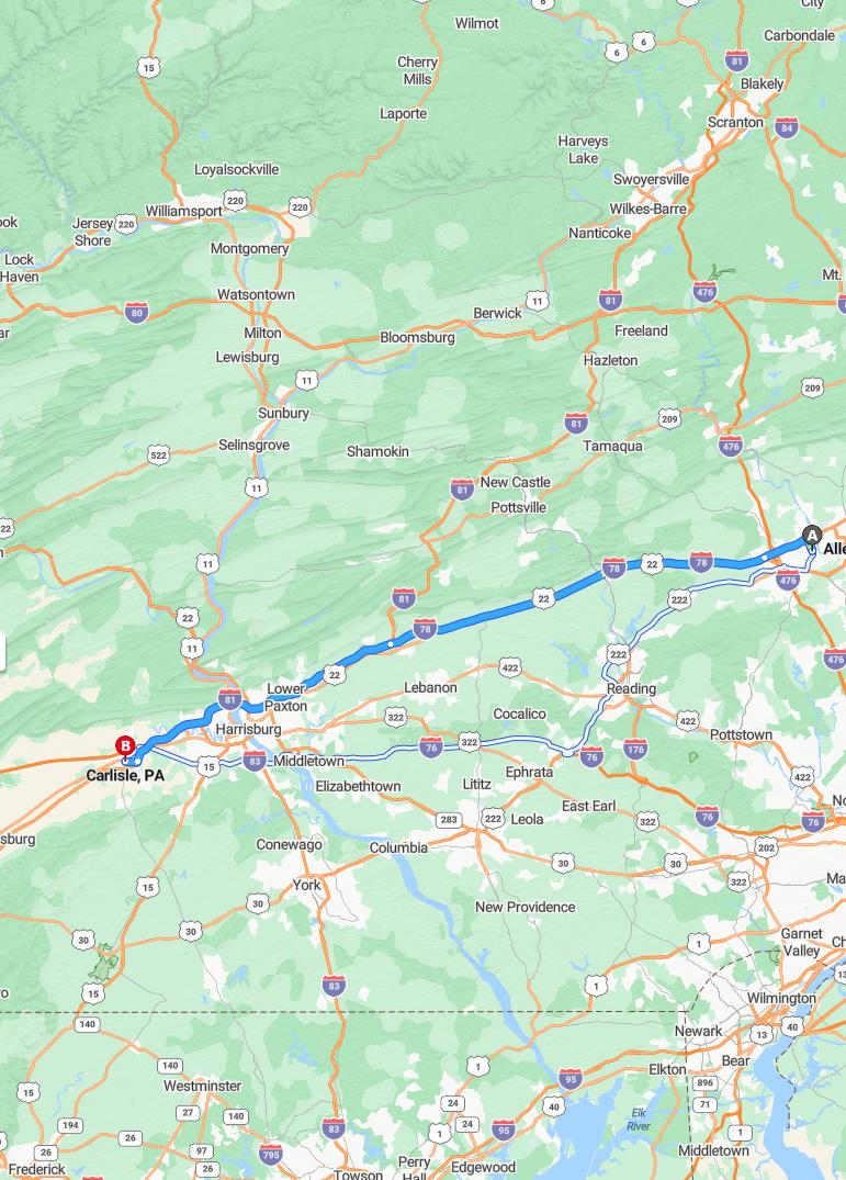 driving from Allentown, Pennsylvania to CarlislePennsylvania - map and route