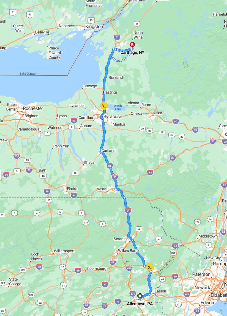 driving from Allentown, Pennsylvania to CarthageNew York - map and route