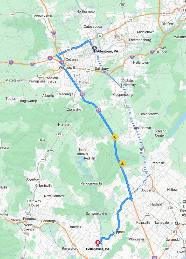 driving from Allentown, Pennsylvania to CollegevillePennsylvania - map and route