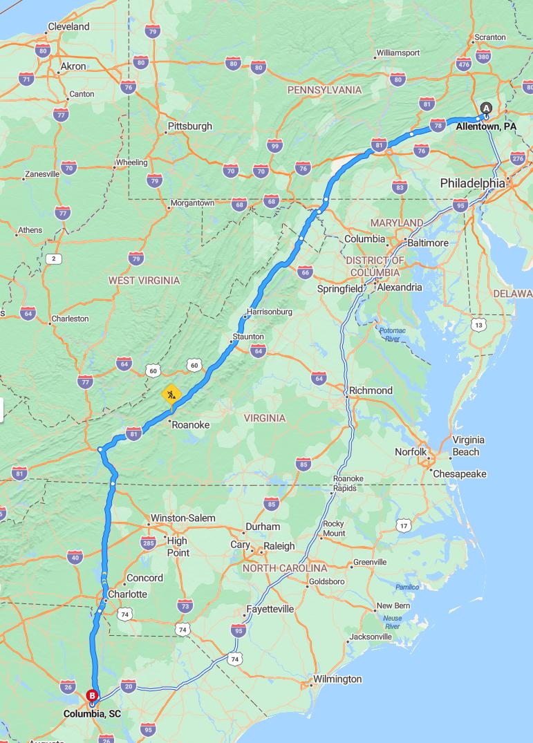 driving from Allentown, Pennsylvania to ColumbiaSouth Carolina - map and route