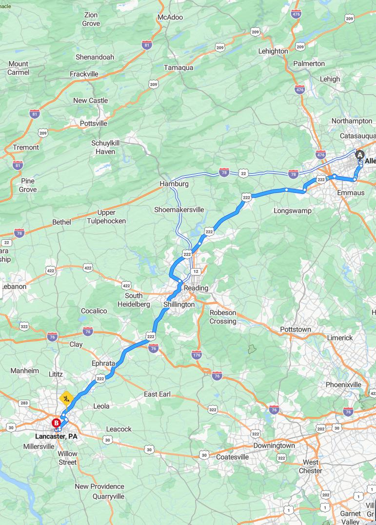 driving from Allentown, Pennsylvania to LancasterPennsylvania - map and route