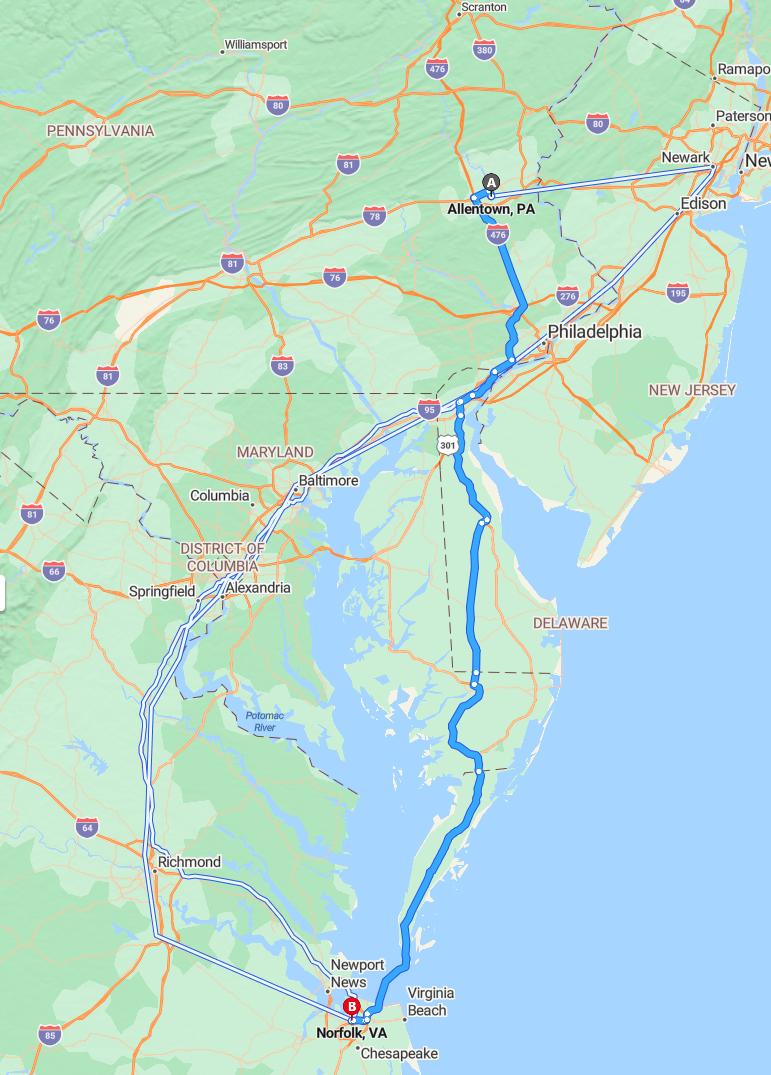 driving from Allentown, Pennsylvania to NorfolkVirginia - map and route