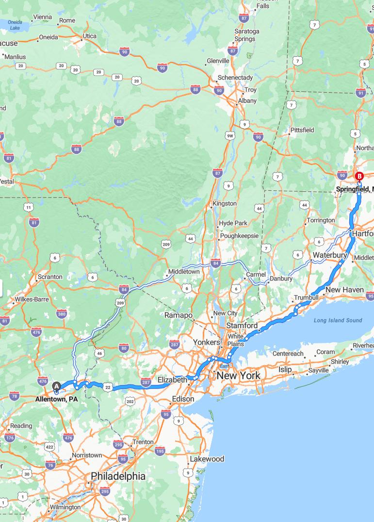 driving from Allentown, Pennsylvania to SpringfieldMassachusetts - map and route