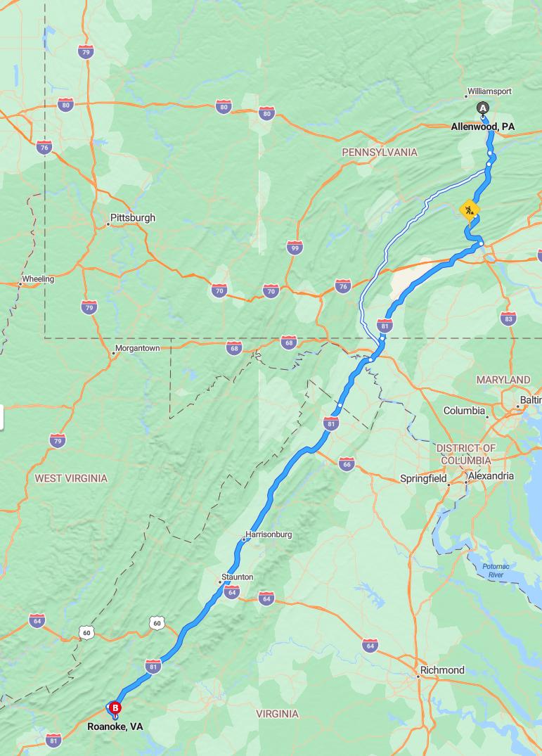 driving from Allenwood, Pennsylvania to RoanokeVirginia - map and route
