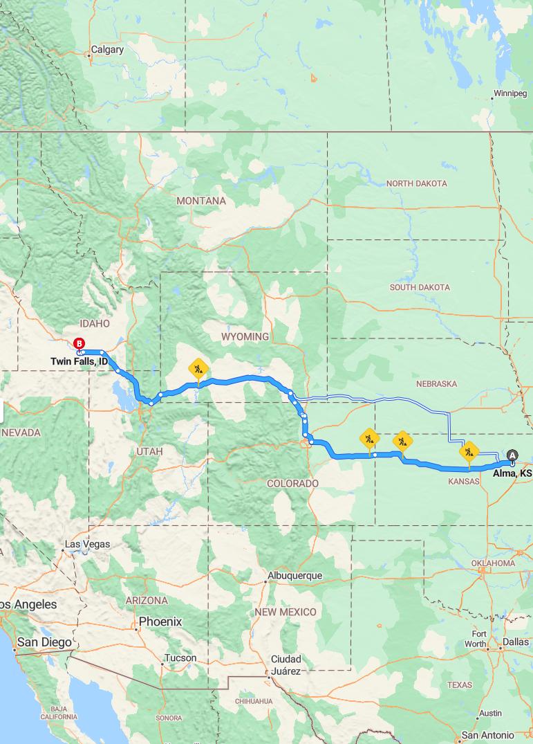 driving from Alma, Kansas to Twin FallsIdaho - map and route