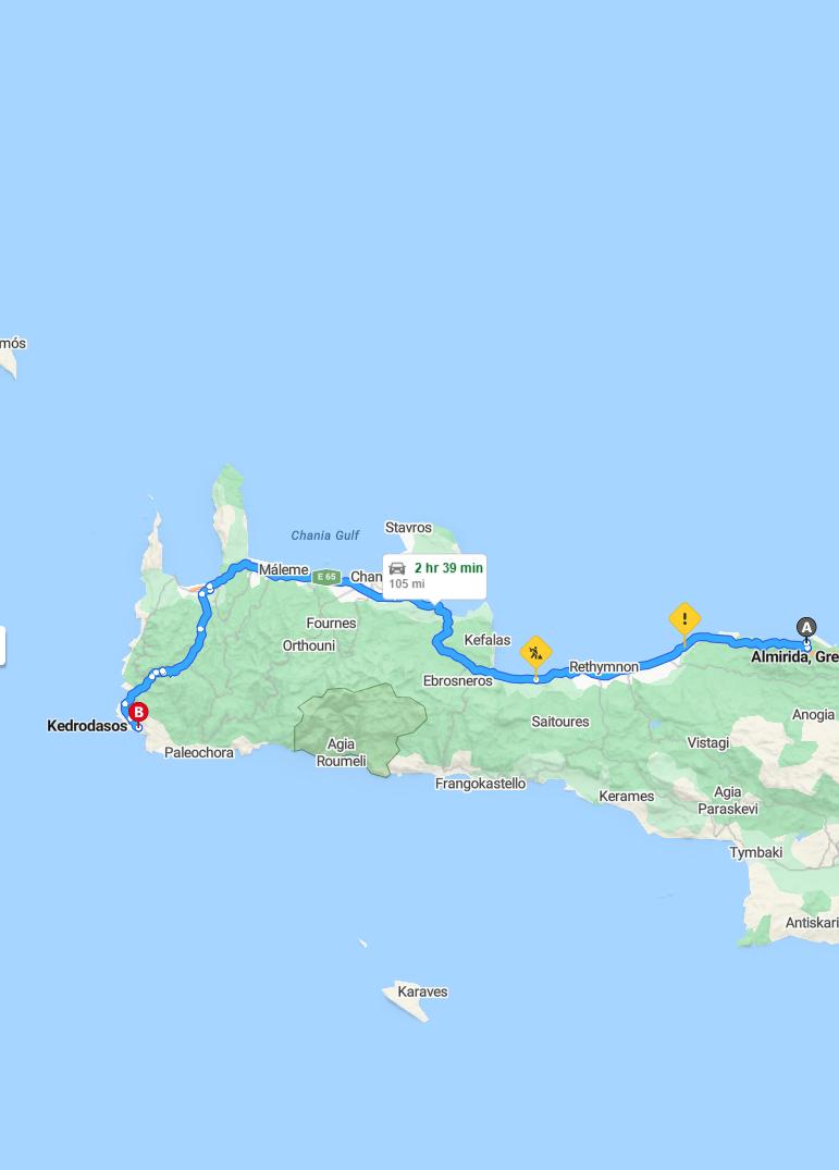 driving from Almyrida, Crete to Kedrodasos BeachCrete - map and route