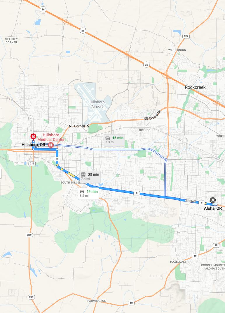 driving from Aloha, Oregon to HillsboroOregon - map and route