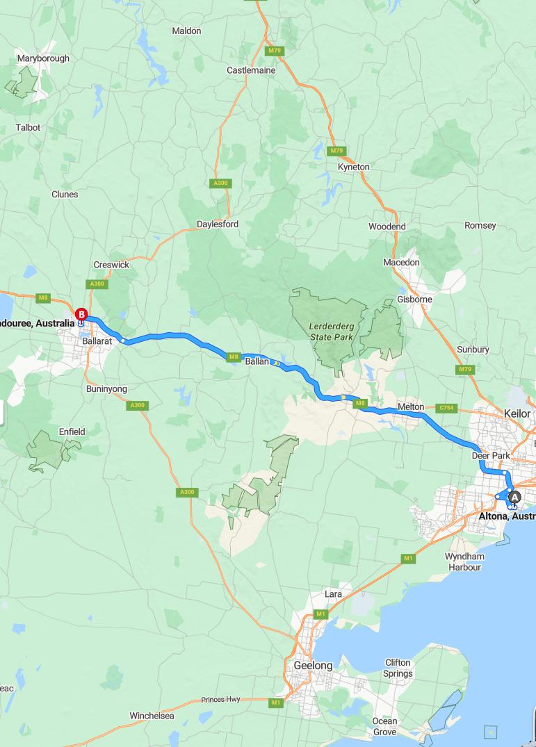 driving from Altona, Victoria to WendoureeVictoria - map and route
