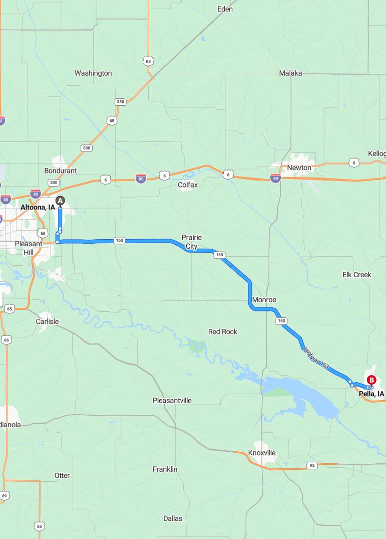 driving from Altoona, Iowa to PellaIowa - map and route