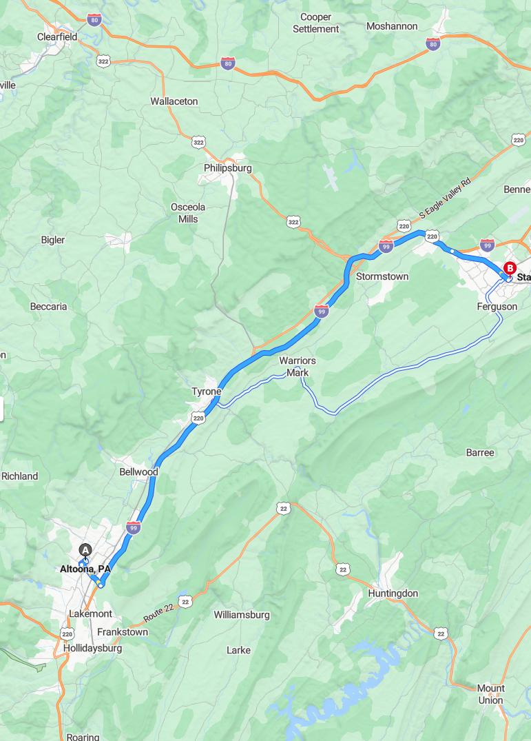 driving from Altoona, Pennsylvania to State CollegePennsylvania - map and route