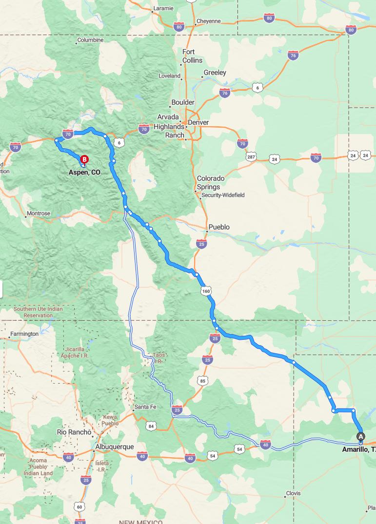 driving from Amarillo, Texas to AspenColorado - map and route
