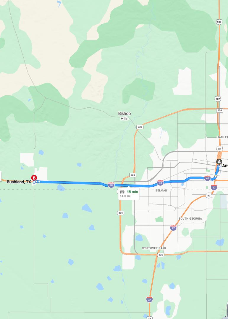 driving from Amarillo, Texas to BushlandTexas - map and route