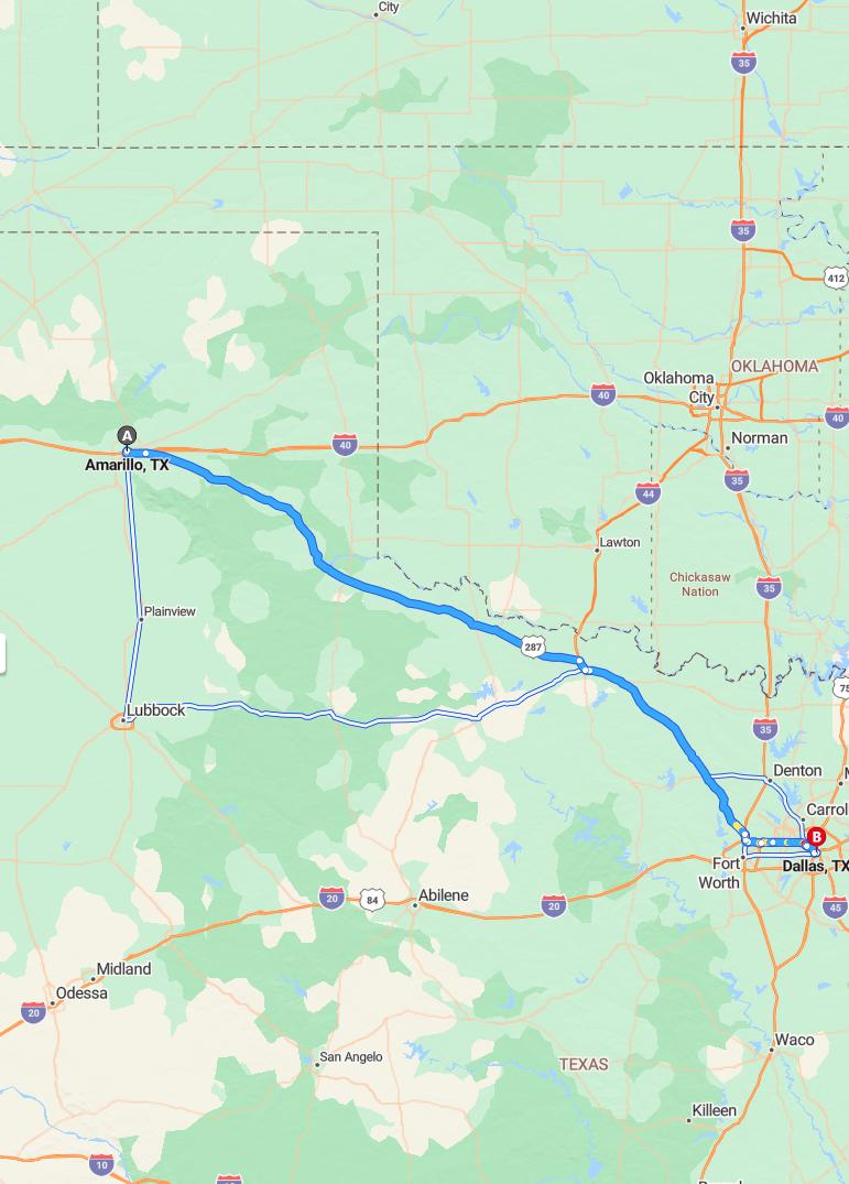 driving from Amarillo, Texas to DallasTexas - map and route